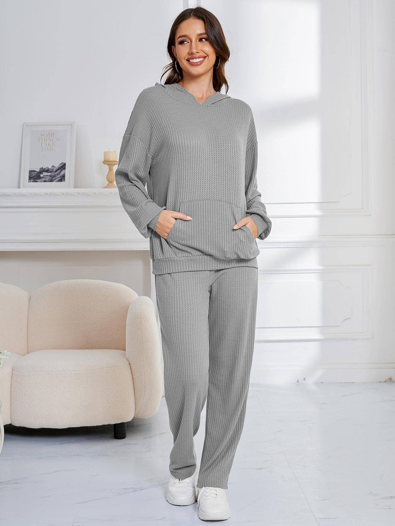 WAFFLE TWO-PIECE LOUNGEWEAR WITH LONG SLEEVES
