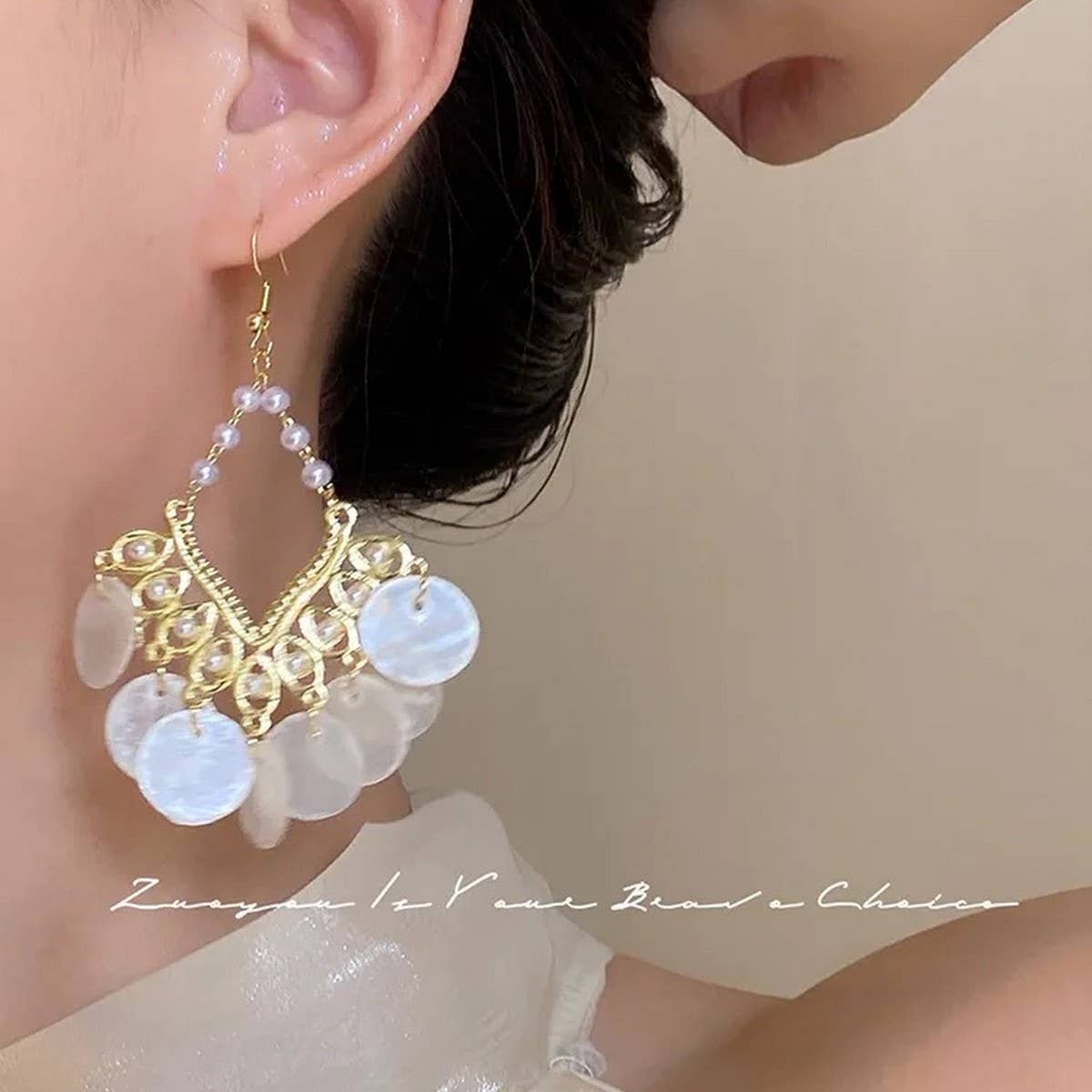 FRENCH GEOMETRIC SCALLOPED SHELL TASSEL EARRINGS