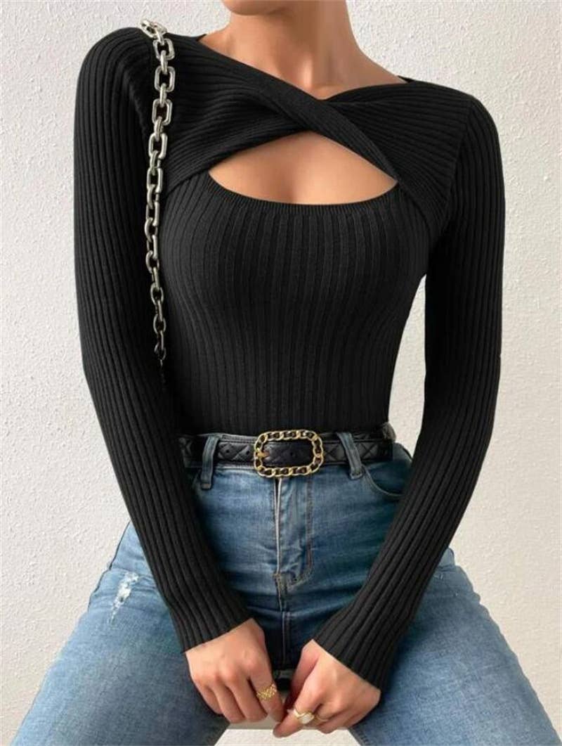 Sexy cut-out pullover solid-color knitted top