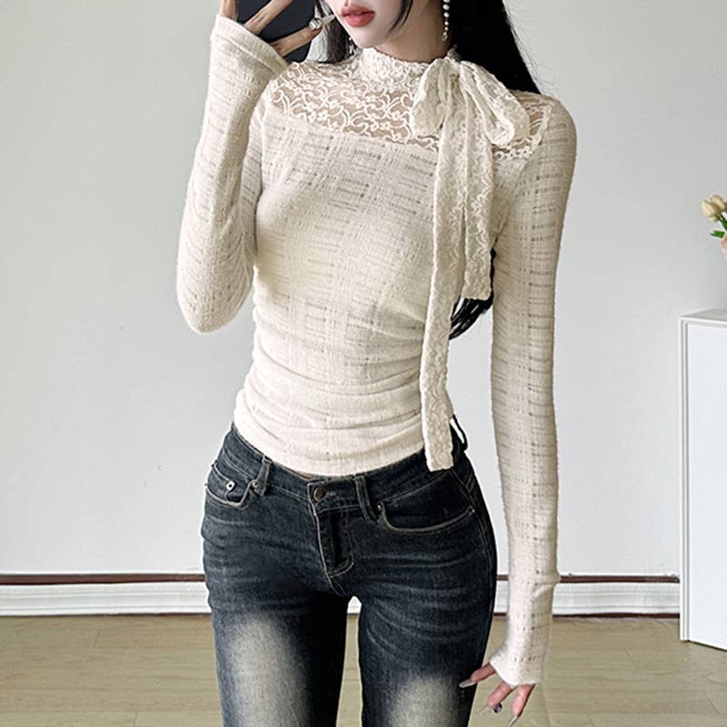 SOLID COLOR BOW AND LACE PULLOVER HALF-NECK TOP
