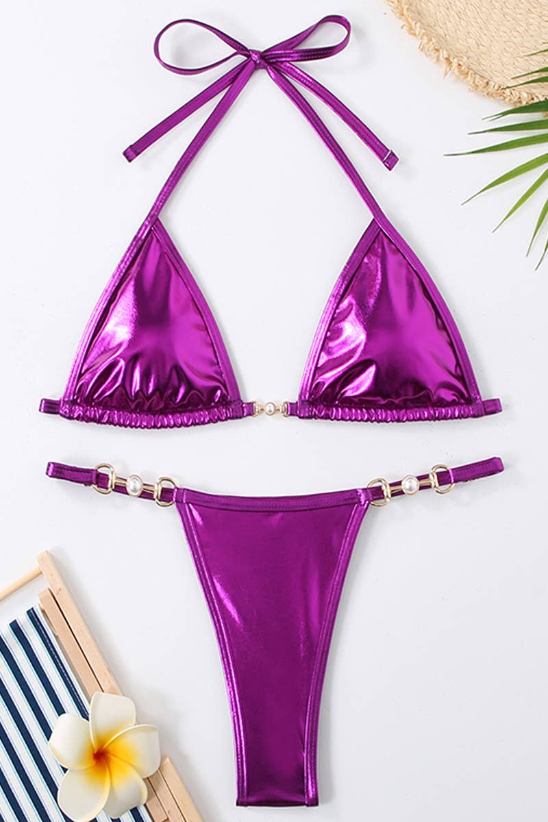 CWMW0799_WOMEN'S TWO-PIECE SHINY SWIMSUIT