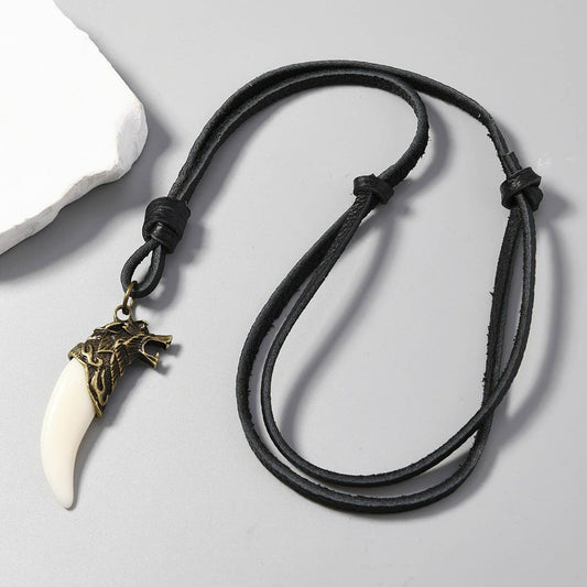 PERSONALIZED RETRO WOLF TOOTH LEATHER NECKLACE_CWMM4587