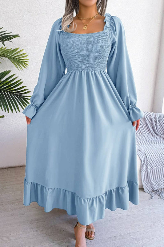 CWDMD2663_RUFFLED DRESS WITH SQUARE COLLAR FLARED SLEEVES