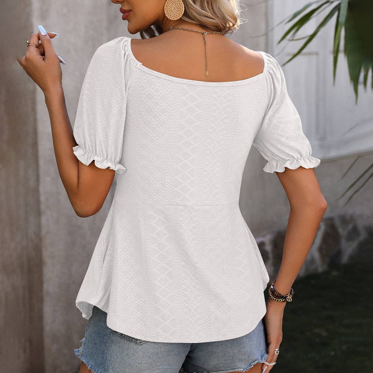 V NECK DRAWSTRING SEXY SHORT SLEEVED TOP_CWTBLS0458
