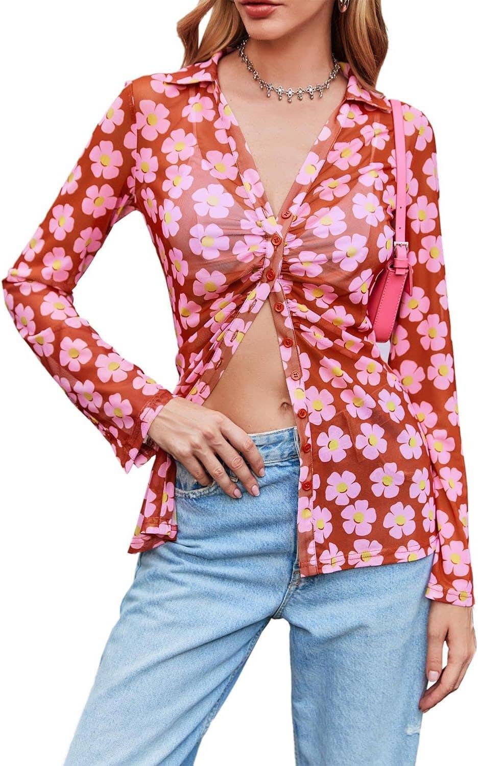 Printed Semi-Transparent Square-Neck Fitted Shirt