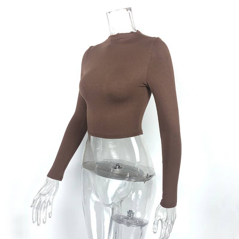 SLIM MIDRIFF HIGH-NECK SHORT LONG-SLEEVED TOP