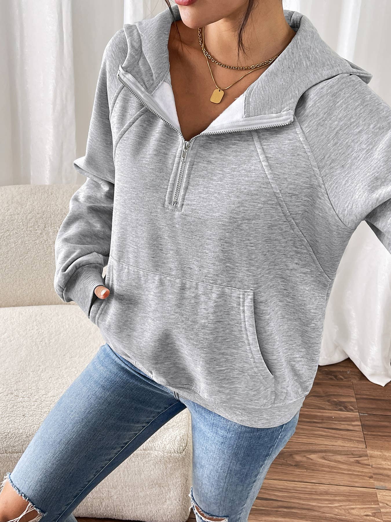 ZIPPER HOODIE SOLID COLOR THICK FLEECE HOODIE