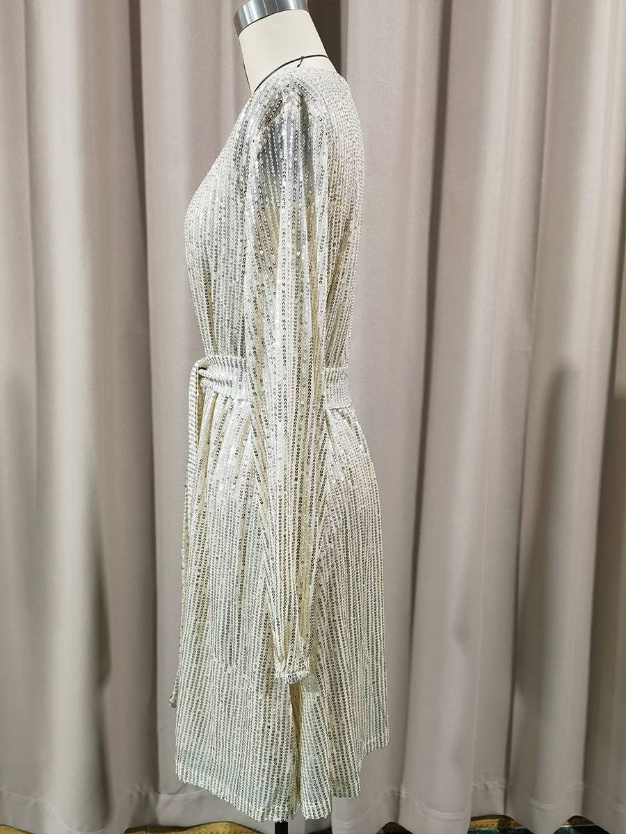 Sequined and beaded short waist-cinching dress