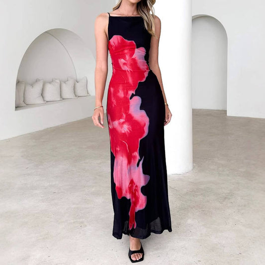 Slim-fit halter contrast color floral print dress