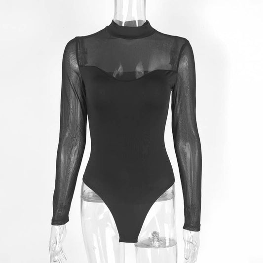 SEXY BLACK MESH PATCHWORK SLIM-FIT BASE JUMPSUIT