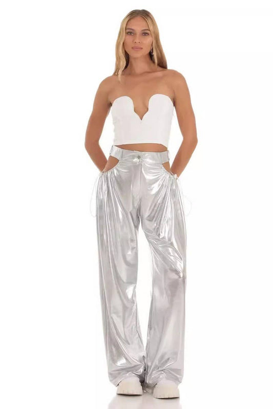 CWBLP0913_HIGH-WAISTED GOLD-STAMPED HOLLOW CASUAL PANTS