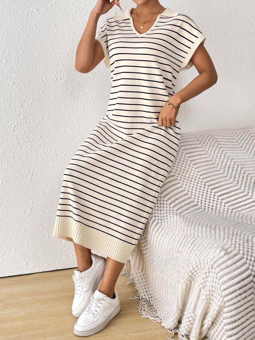 Loose casual striped V-neck long dress