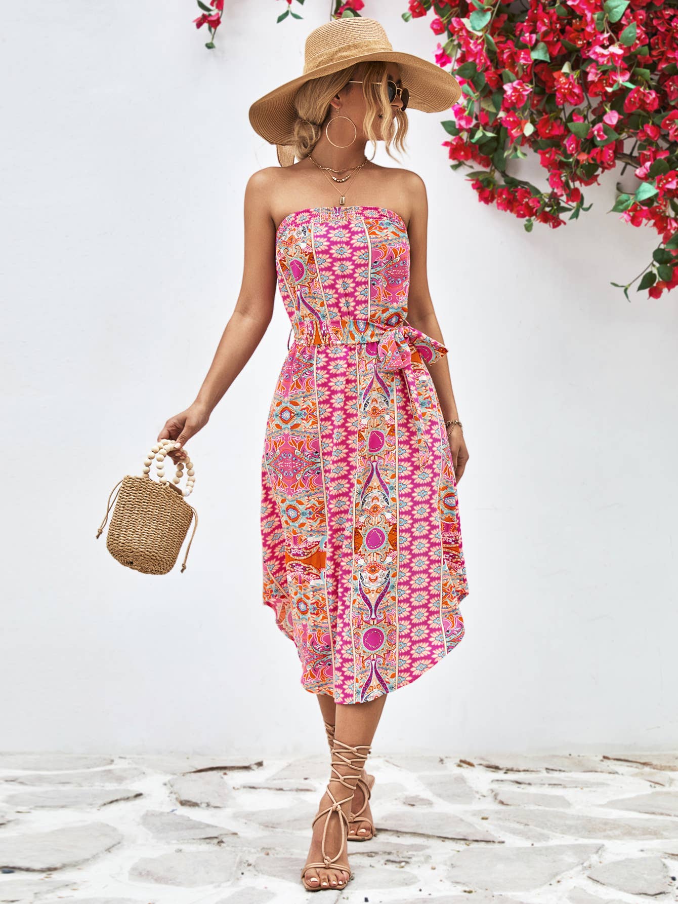 Ethnic print top top lace-up long hip wrap dress