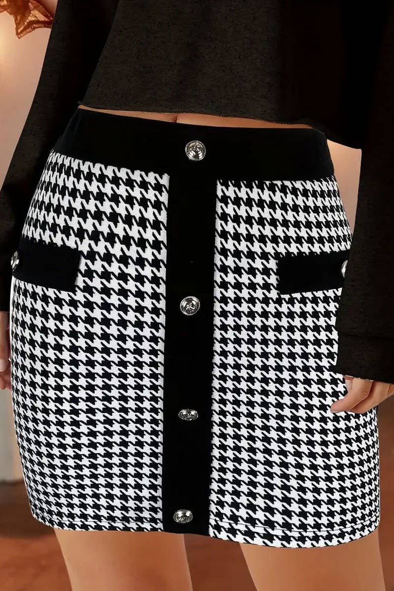 Cwbss0437_Elegant Contrast Button Short Stretch Skirt