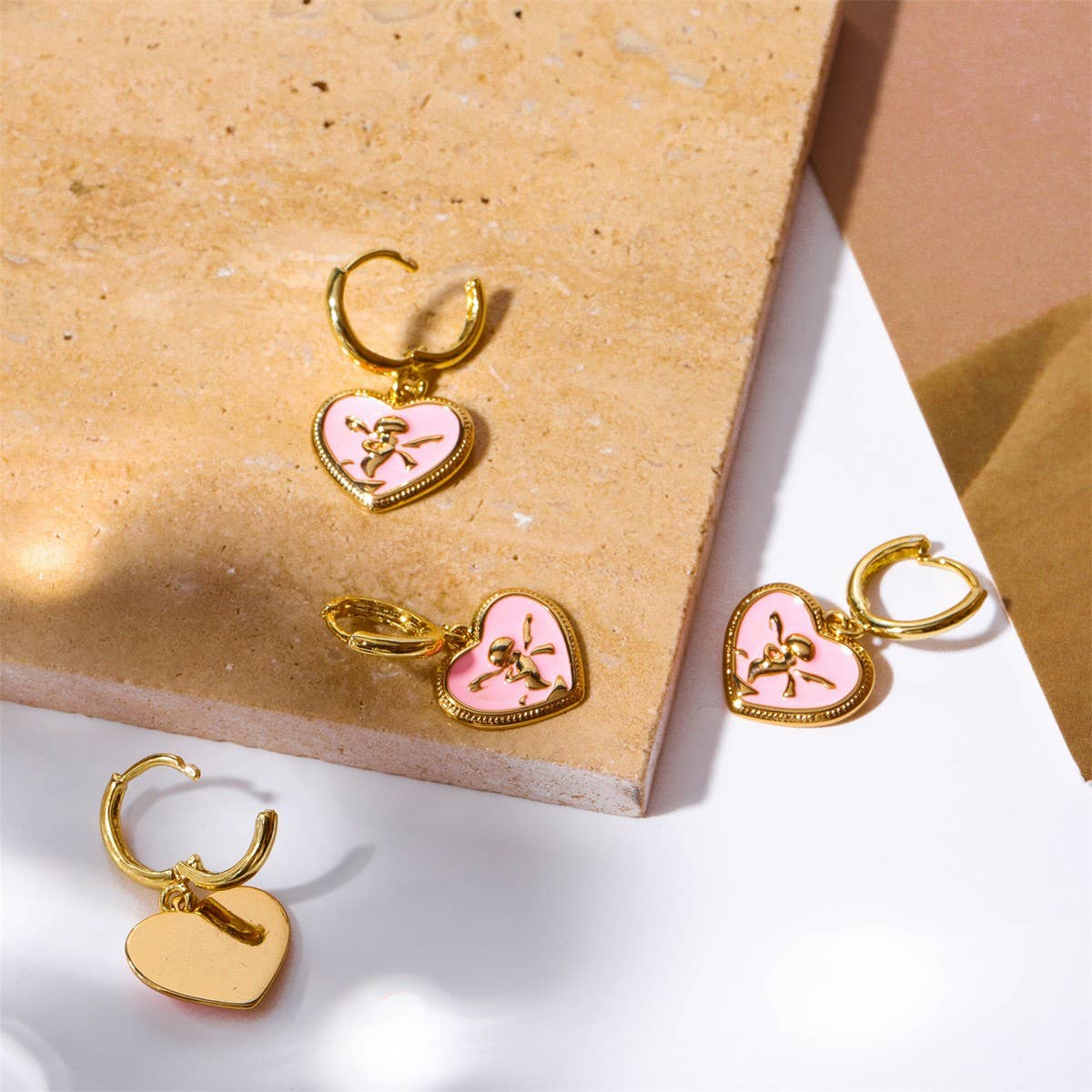 Pink Enamel Heart Earrings Angel Vintage Style_CWAJE5087