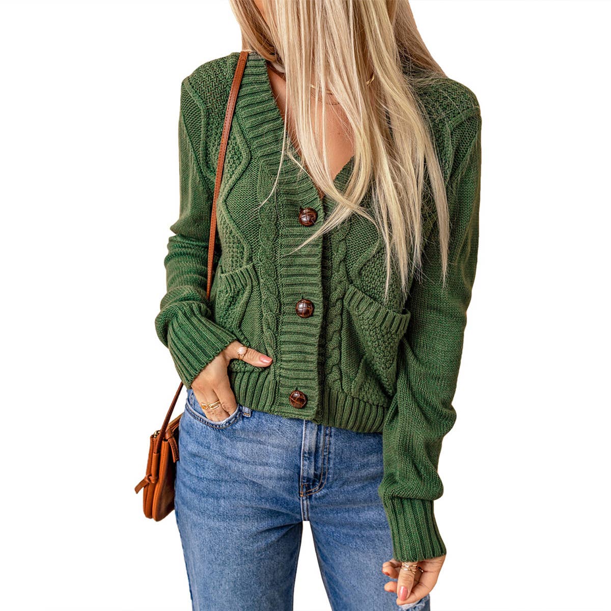 Solid color knitted long-sleeved cardigan
