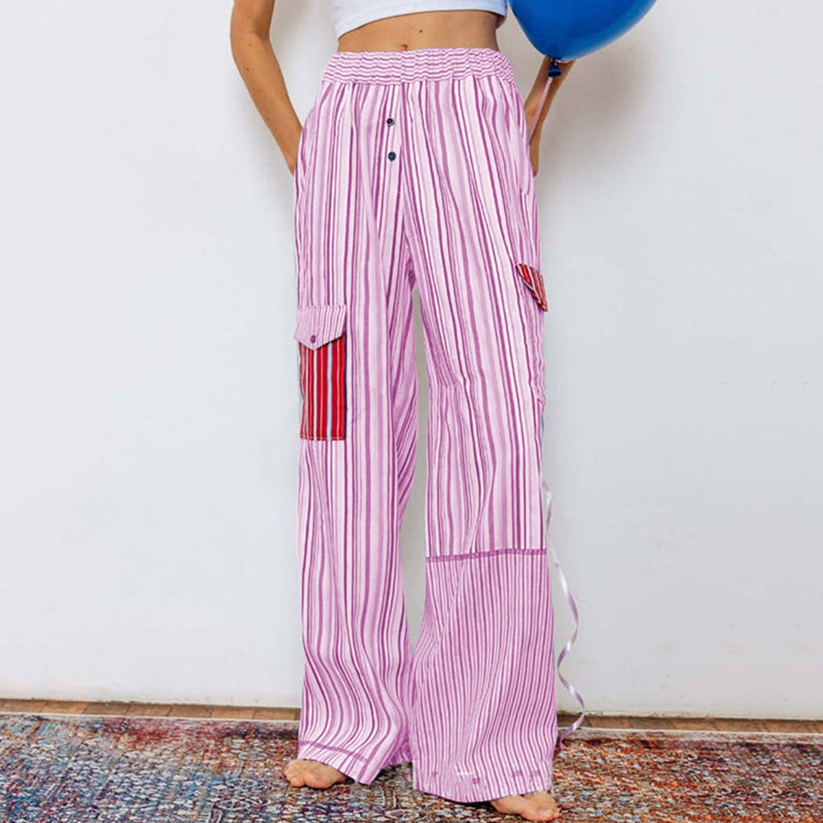 Plaid patchwork striped elastic-waist pants