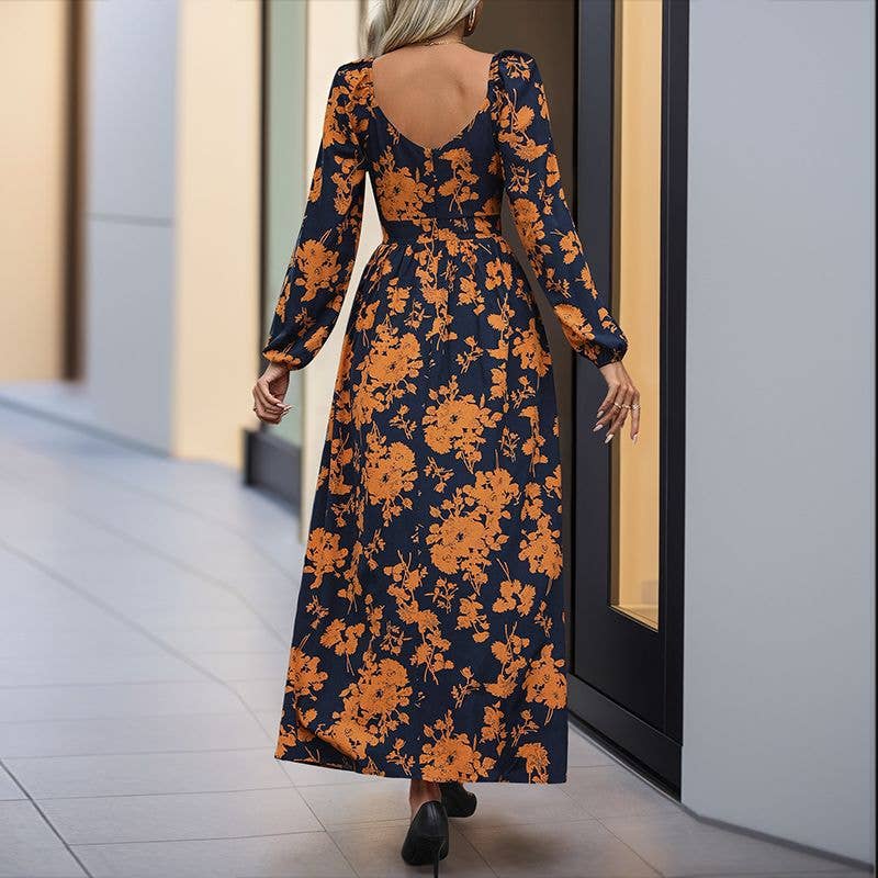 LONG-SLEEVED V-NECK SPLIT PRINT DRESS