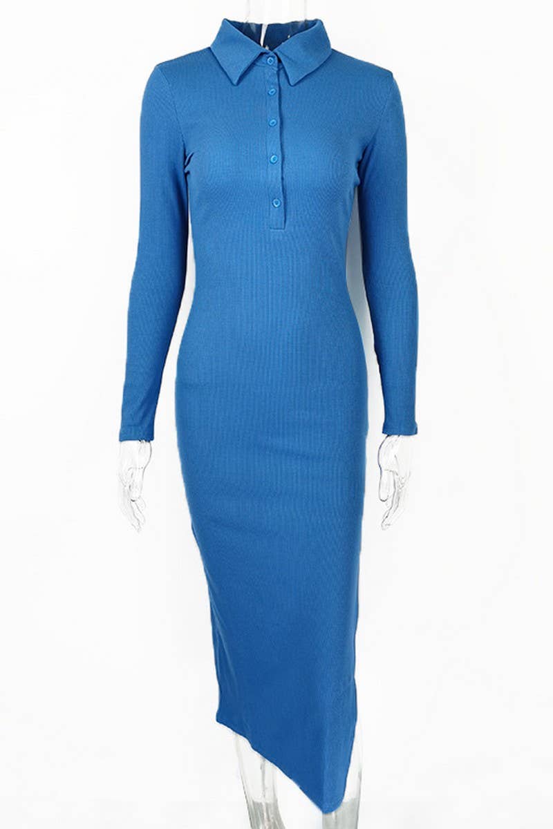CWDMD4903_SLIM FIT POLO NECK RIBBED LONG SLEEVE SLIT DRESS