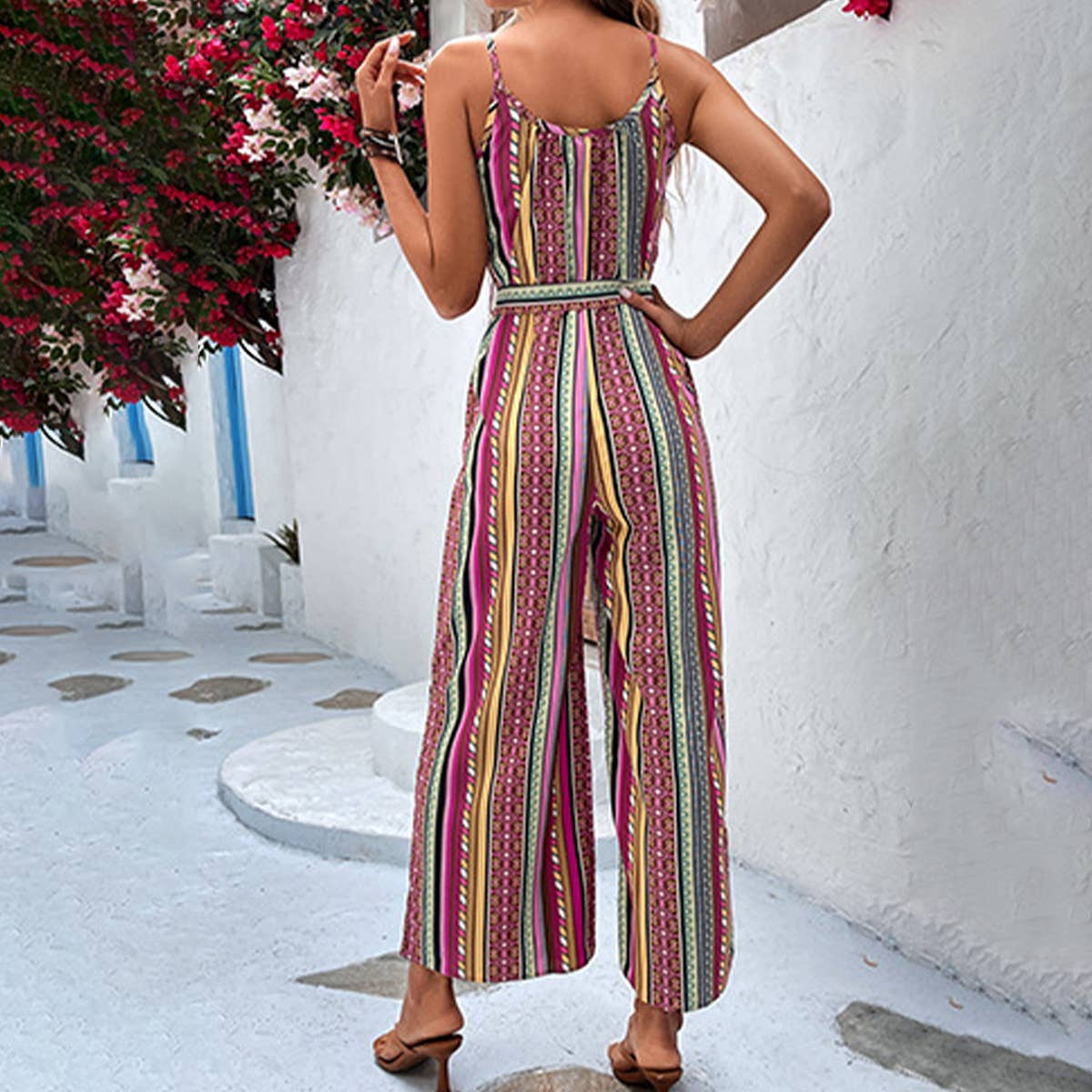Striped halter nine-quarter jumpsuit