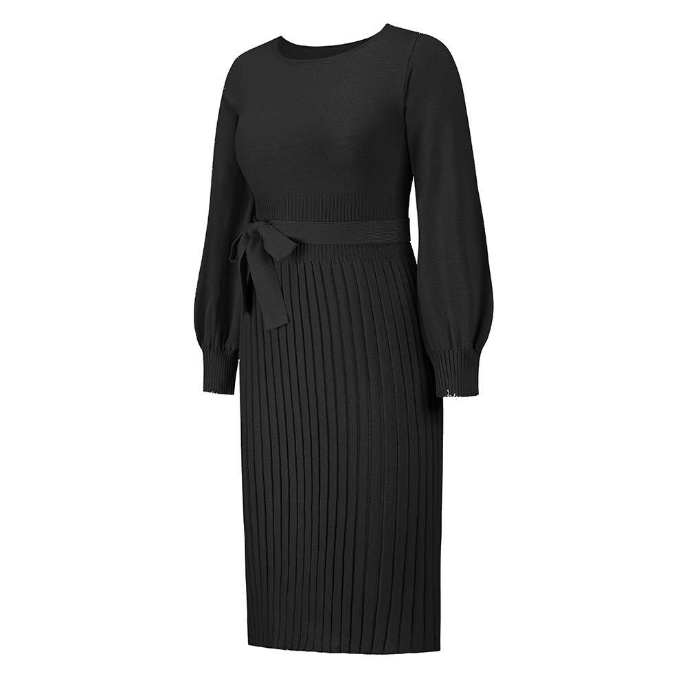 Fitted pleated mid-length knitted dress