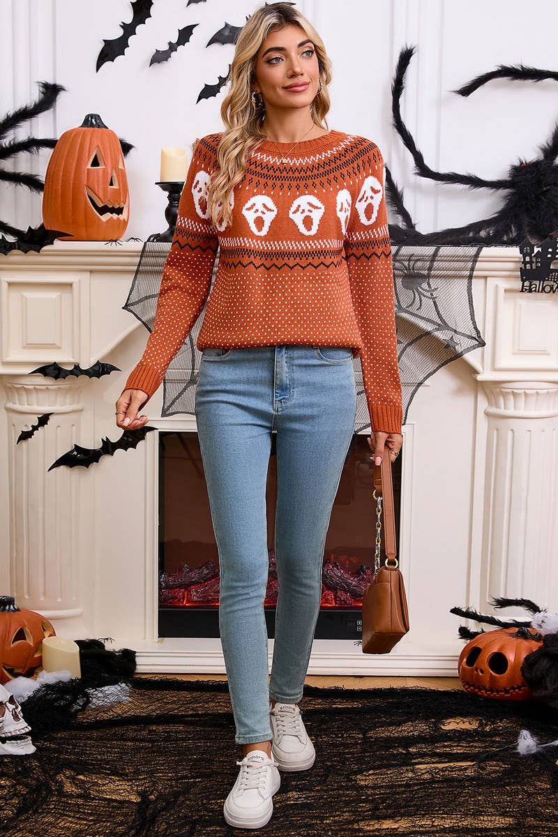 CWOSWL07357_LOOSE HALLOWEEN SKULL JACQUARD CREWNECK SWEATER