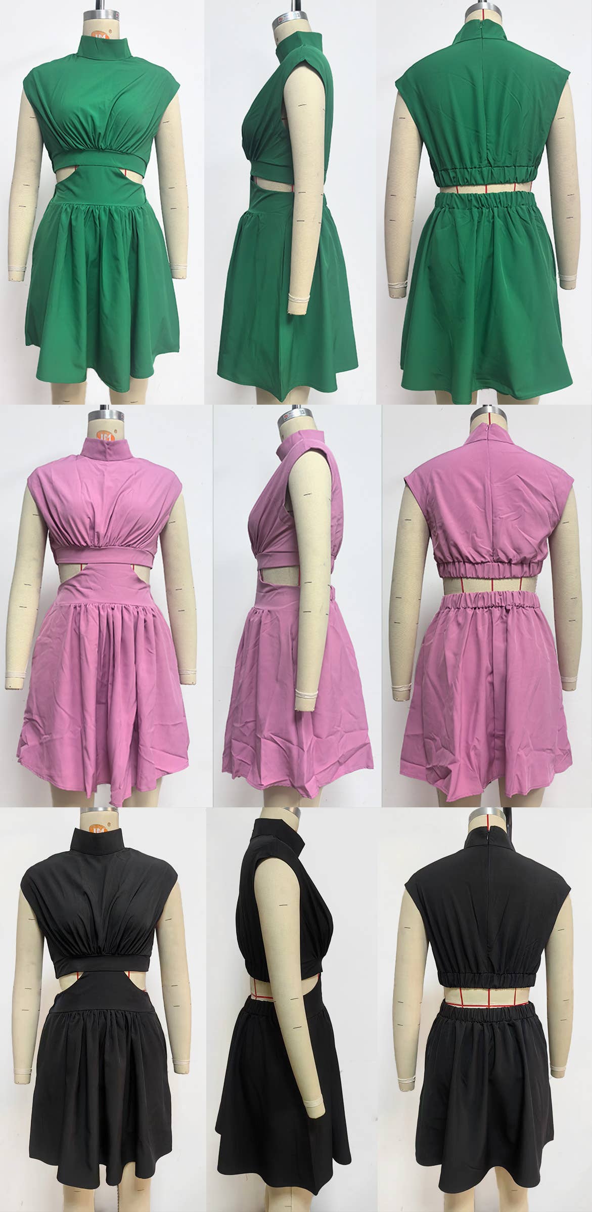 Round-neck solid-color cinched waist dress