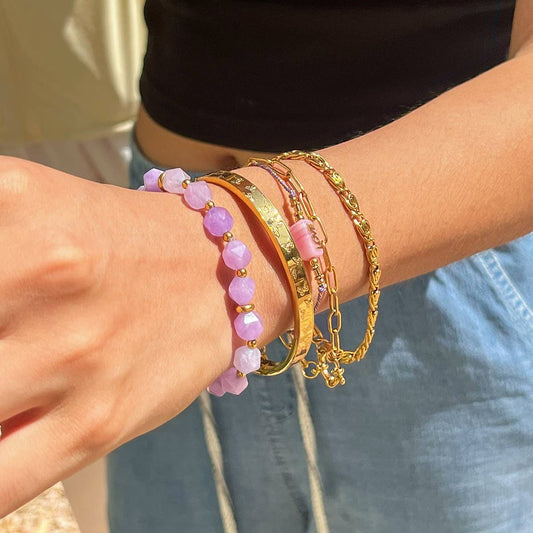 18K Gold Pink Quartz Pearl Steel Bead Bracelet_CWAJE4779