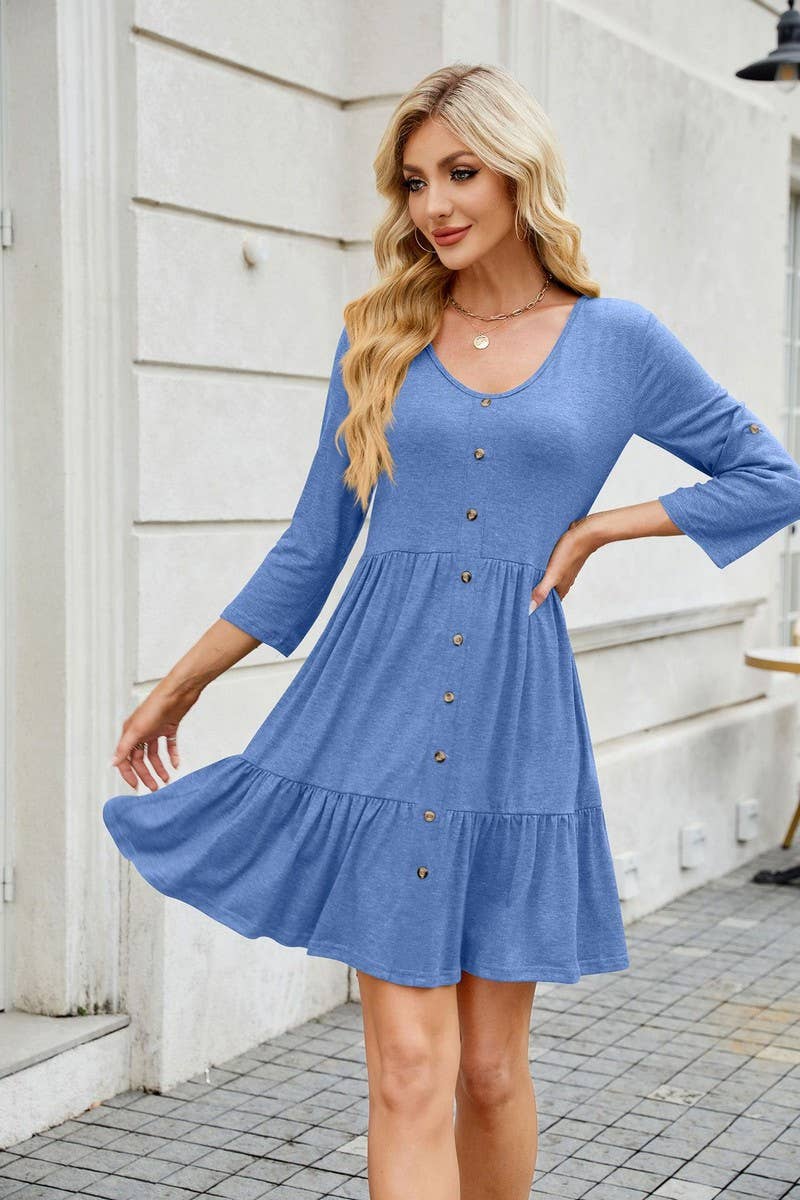 CWDSD8716_V-NECK LONG SLEEVE BUTTON FRONT LOOSE SOLID DRESS