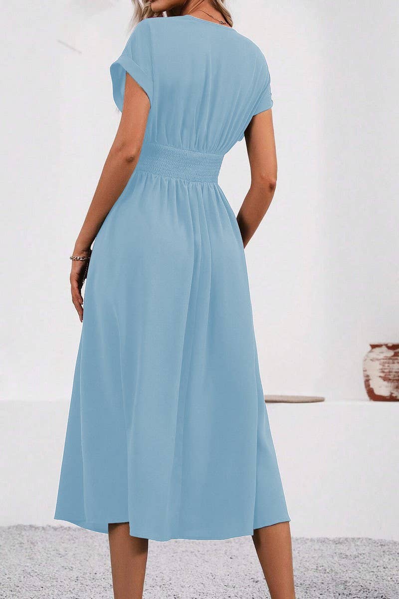 CWDMD4648_SOLID COLOR V-NECK BAT SLEEVE LONG DRESS