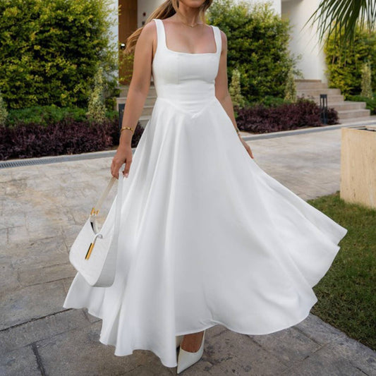 Solid color square neck cinched waist dress