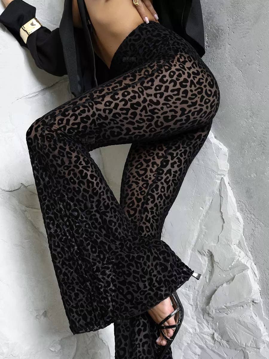 High-waisted flocking slightly flared trousers