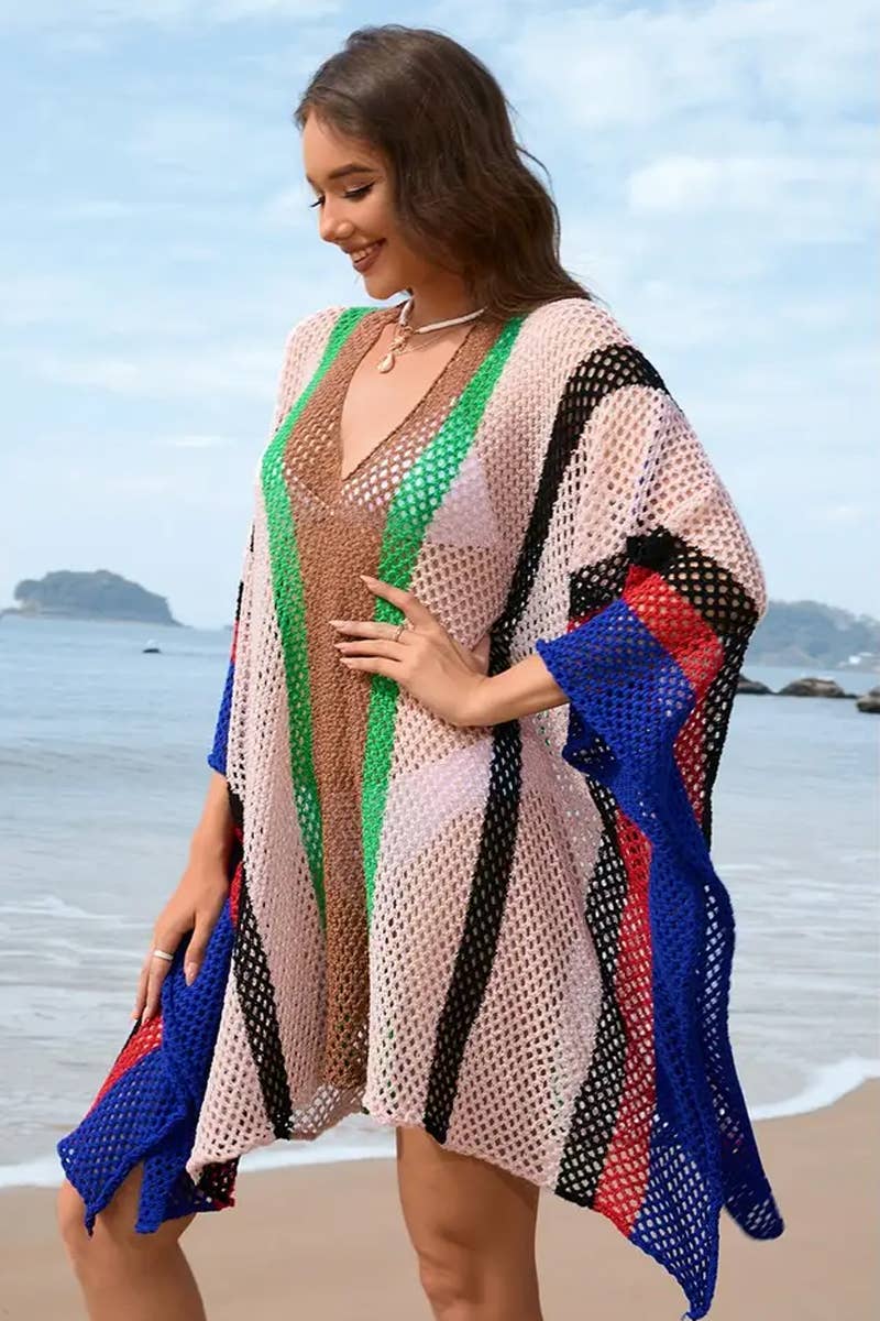 CWDSD7357_SPLICED   HOLLOW BEACH DRESS LOOSE BIKINI COVER UP