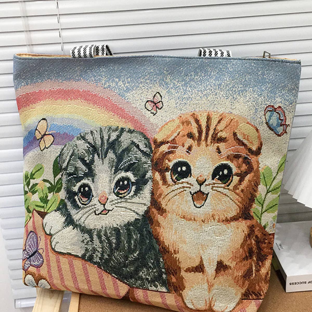 CUTE CAT EMBROIDERED CANVAS SHOULDER BAG TOTE BAG_CWAB1676