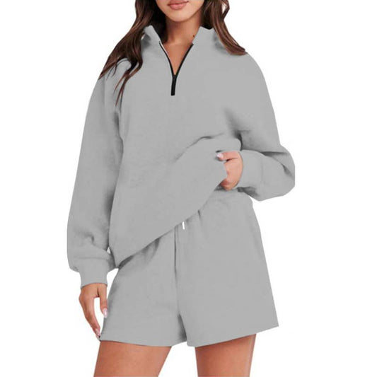Pocket solid-color shorts and hoodie set