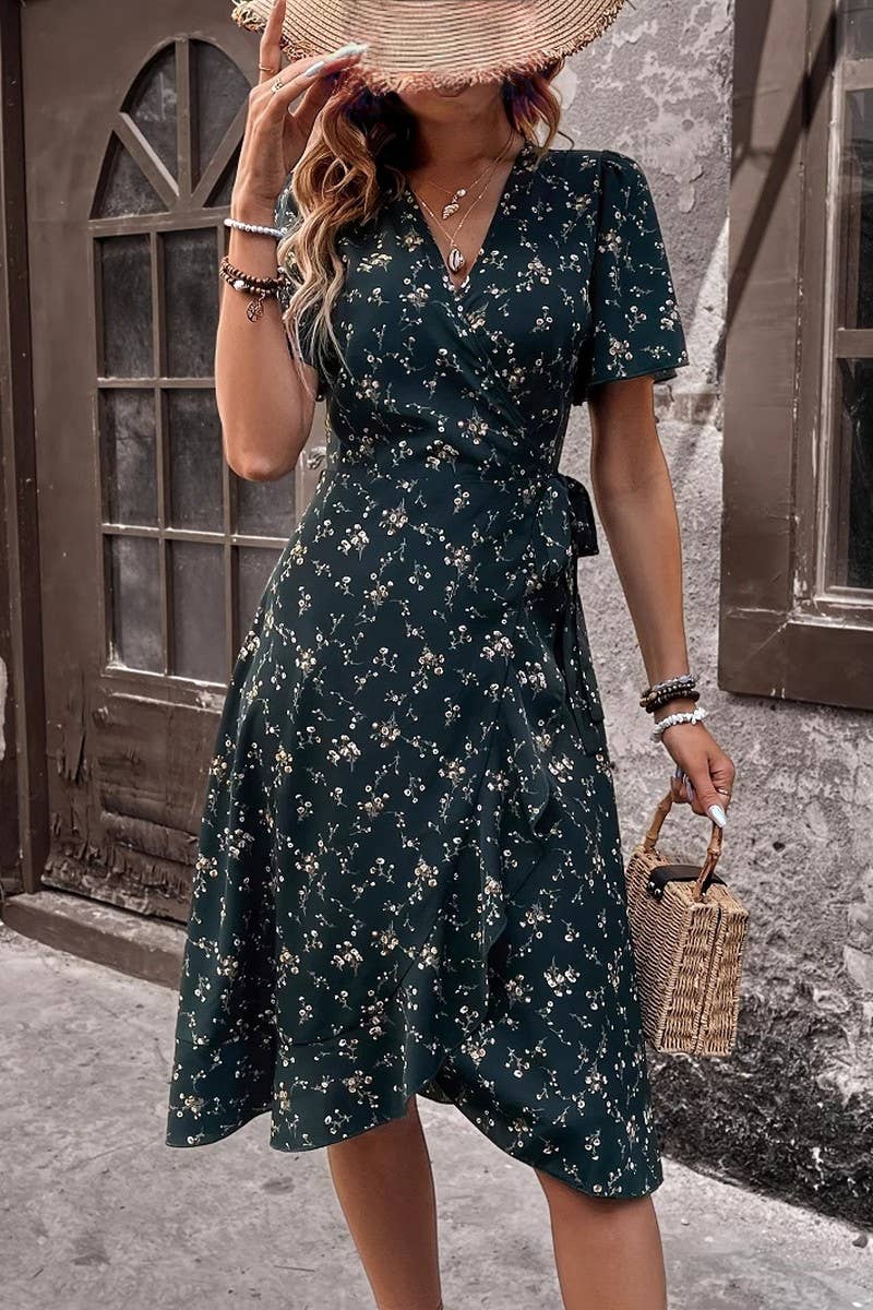 CWDMD6330_SUMMER FRENCH FLORAL SEXY LACE-UP WAIST DRESS