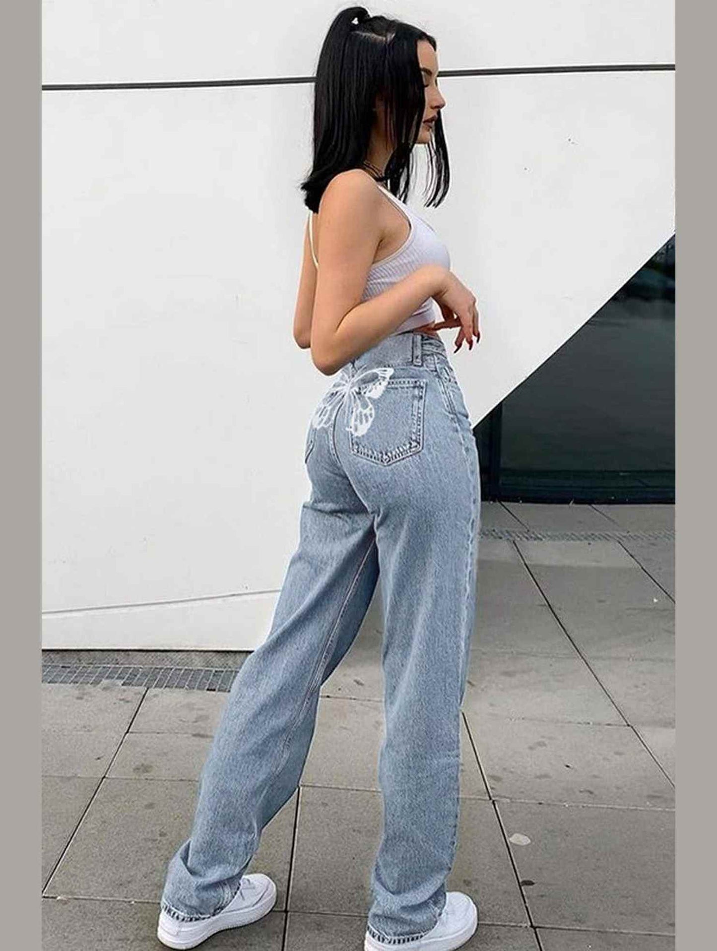 BUTTERFLY PRINT LIGHT COLOR DENIM TROUSER_CWJP0182