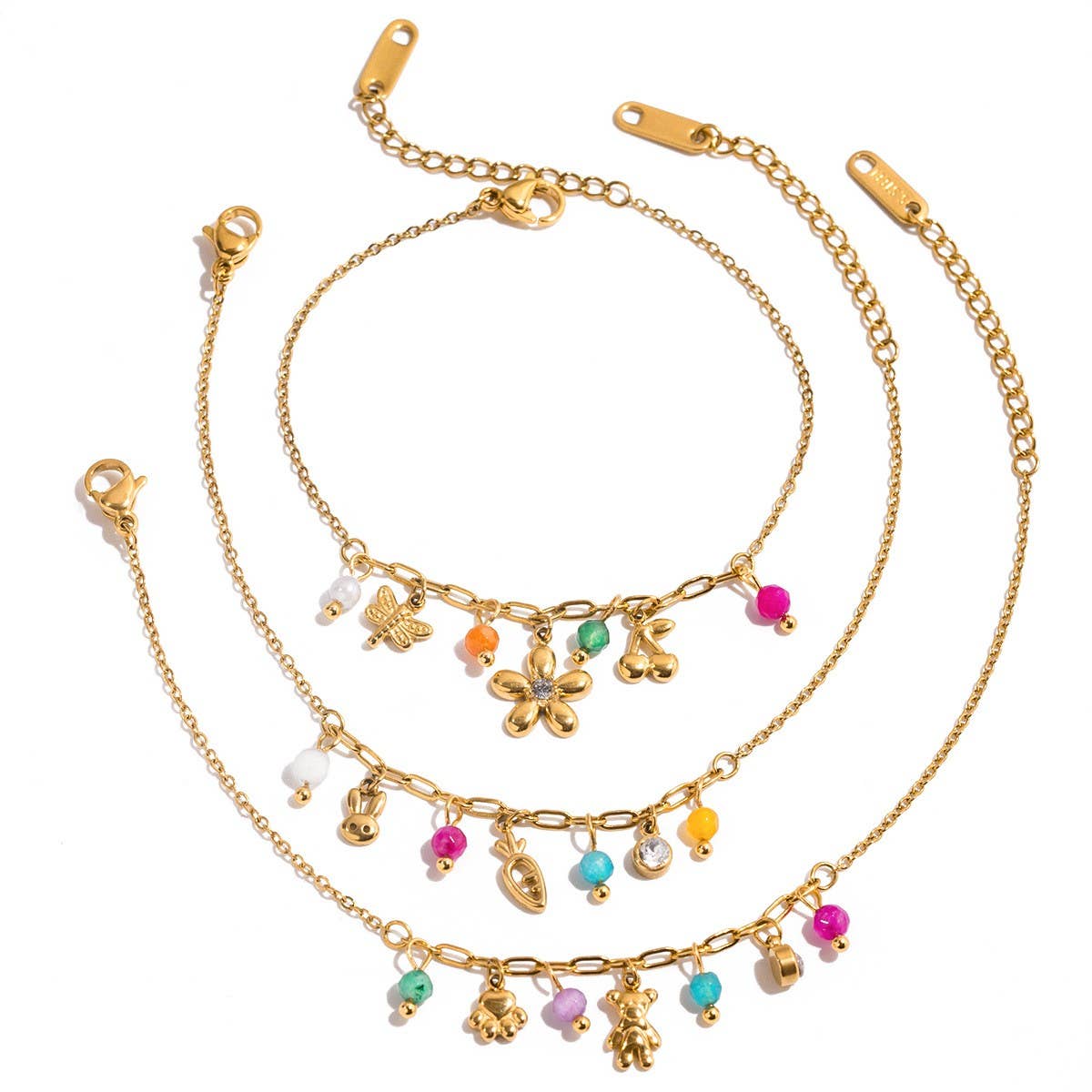 Sweet 18K Gold Puppy Paw & Bear Charm Bracelet