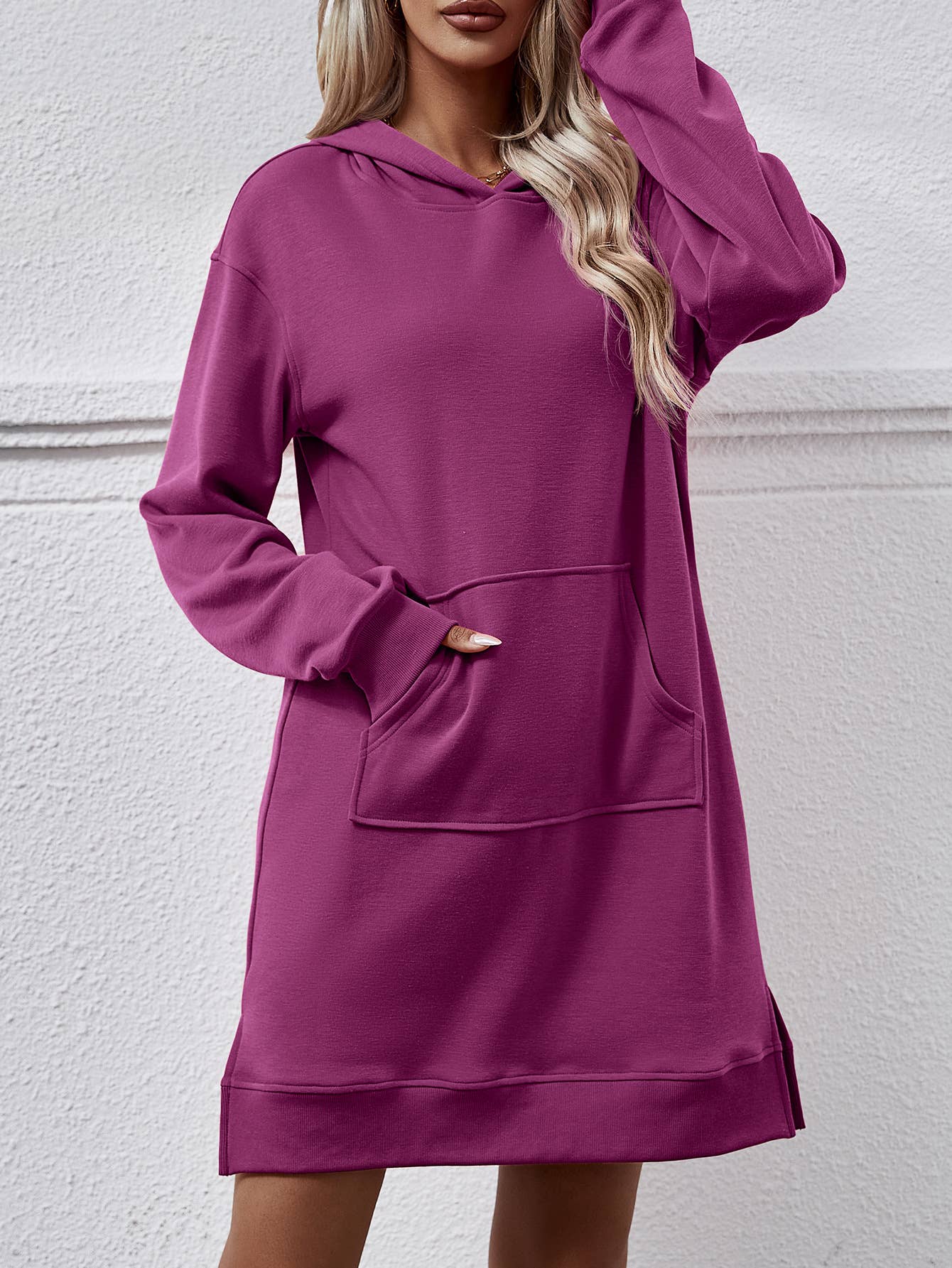 Hooded long-sleeved kangaroo pocket split dress