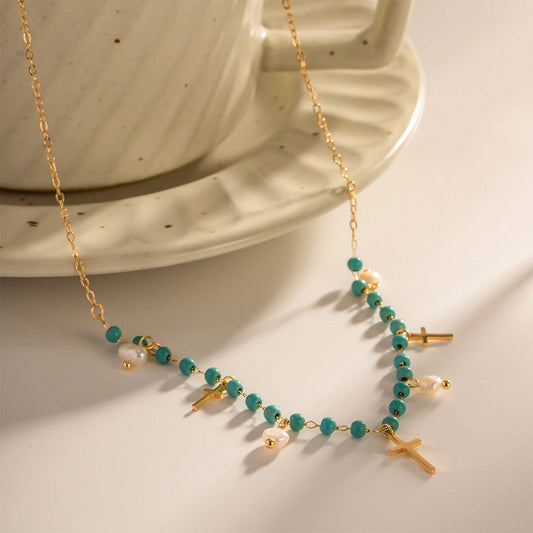 FRENCH TURQUOISE CROSS PENDANT NECKLACE