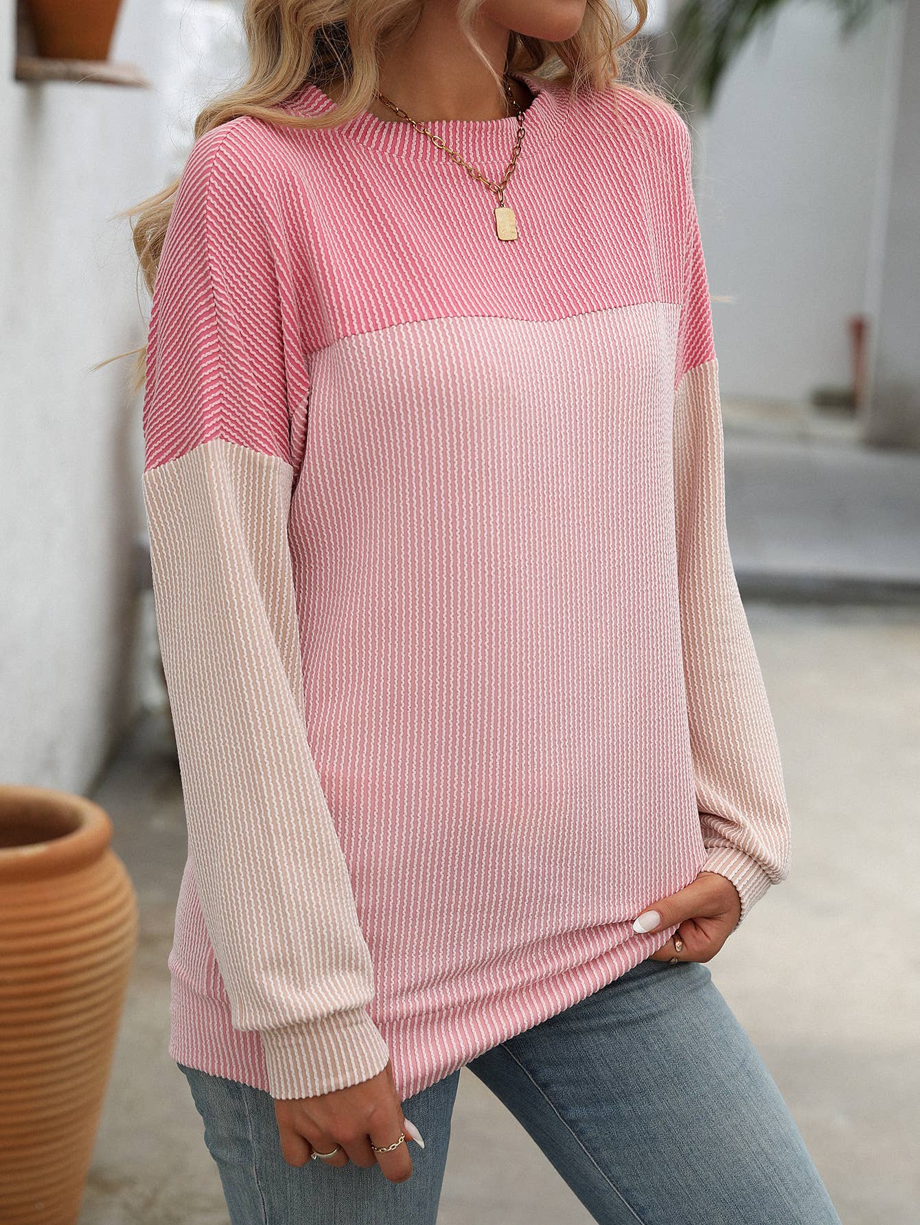 ROUND NECK TWIST STRIP LONG SLEEVE LOOSE T-SHIRT