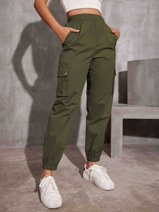 SOLID COLOR MULTI-POCKET CASUAL CARGO PANTS WOMAN