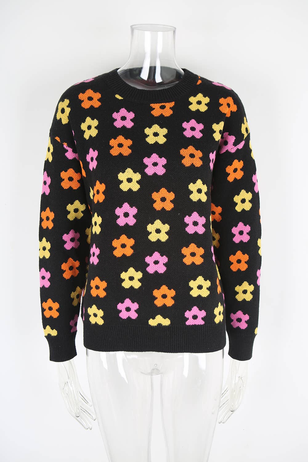 Versatile flower-printed warm threaded sweater