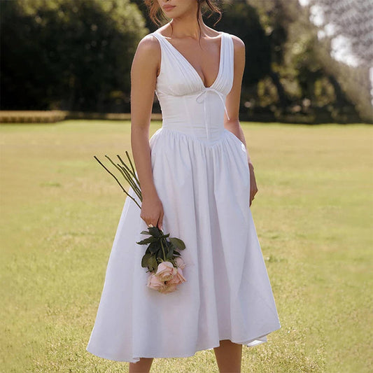 STYLISH SOLID COLOR BACKLESS HIGH-WAISTED DRESS