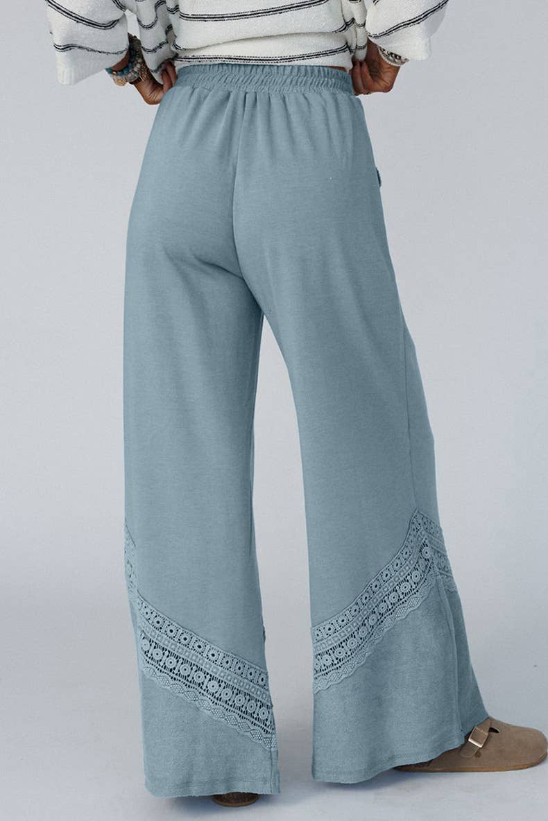 SOLID HIGH-WAISTED LACE CROCHET WIDE-LEG PANTS