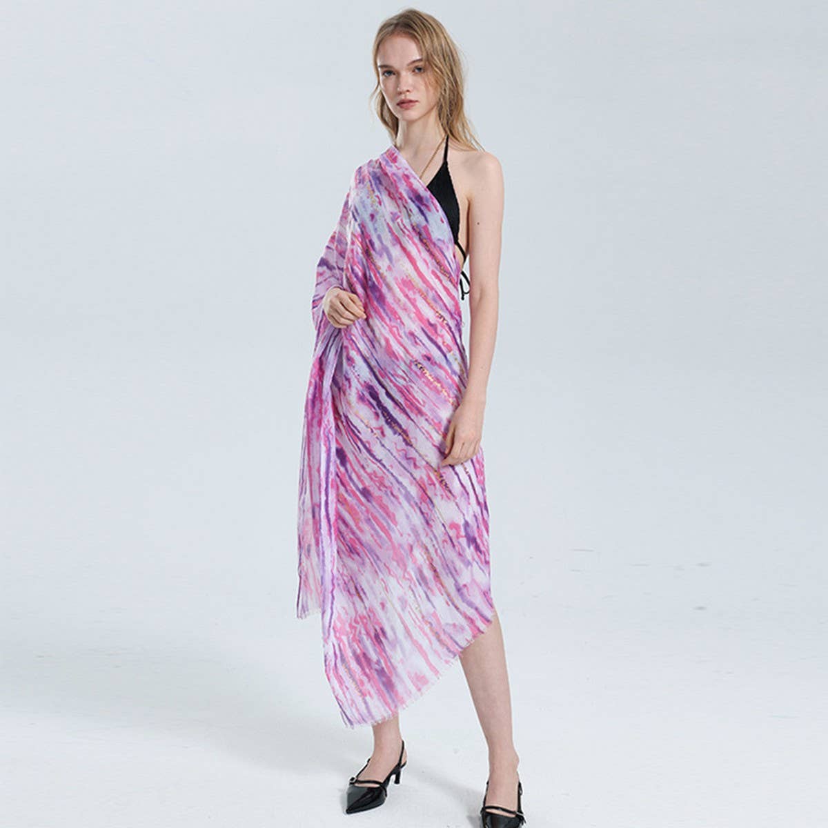 Color Line Print Scarf ? Gold Accent Beach Wrap