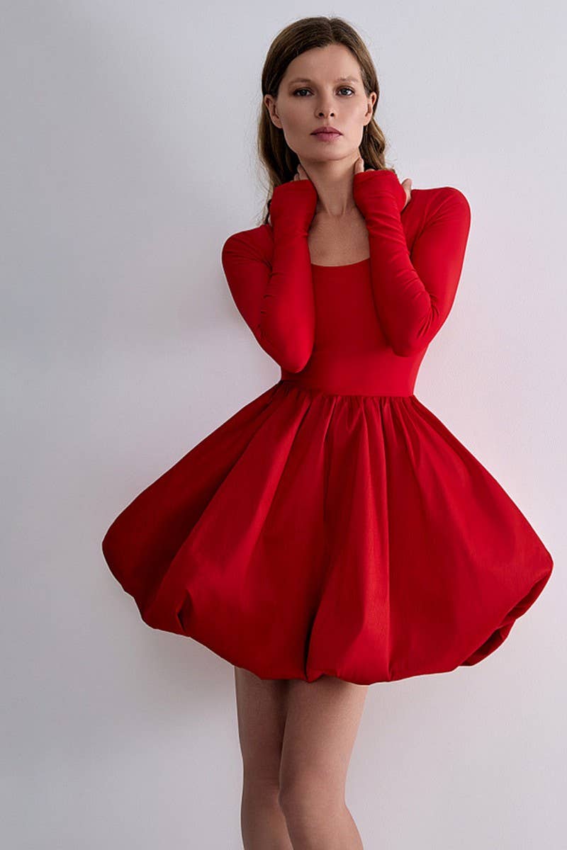 CWDSD6822_SQUARE NECK BALLET FLOWER BUD SKIRT DRESS