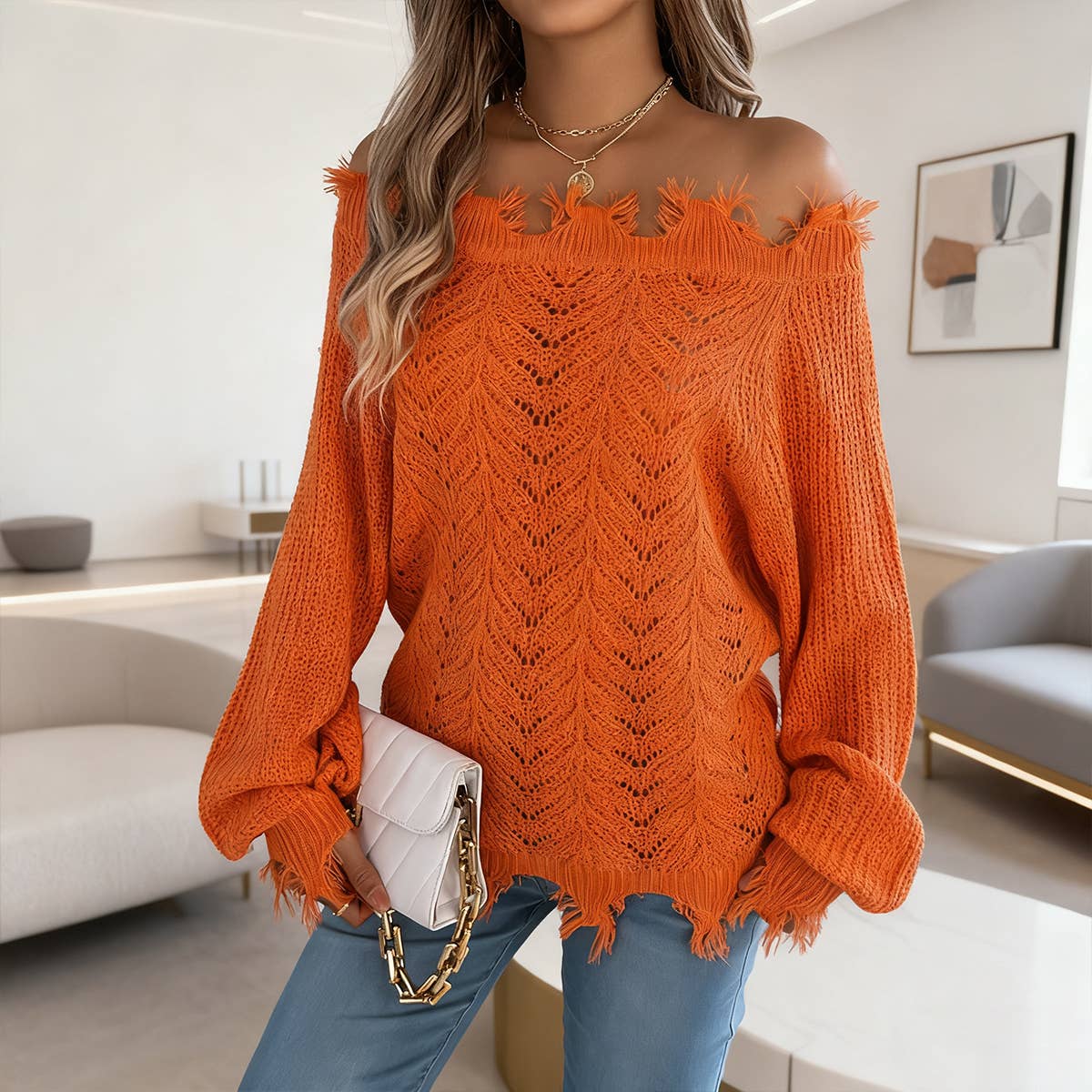 Solid-color cut-out off-the-shoulder sweater