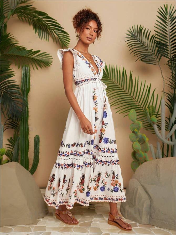 Holiday printed V-neck sleeved dress