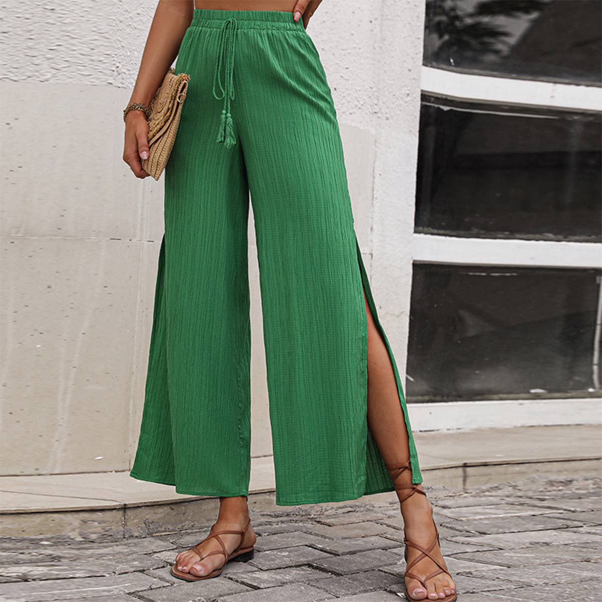 SIDE SLIT HIGH-WAISTED CASUAL WIDE-LEG PANTS